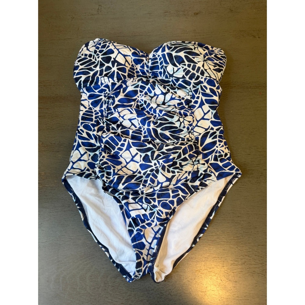 Jag Swimwear Womens Blue White Abstract Leaf Print Bandeau One Piece Swimsuit 12